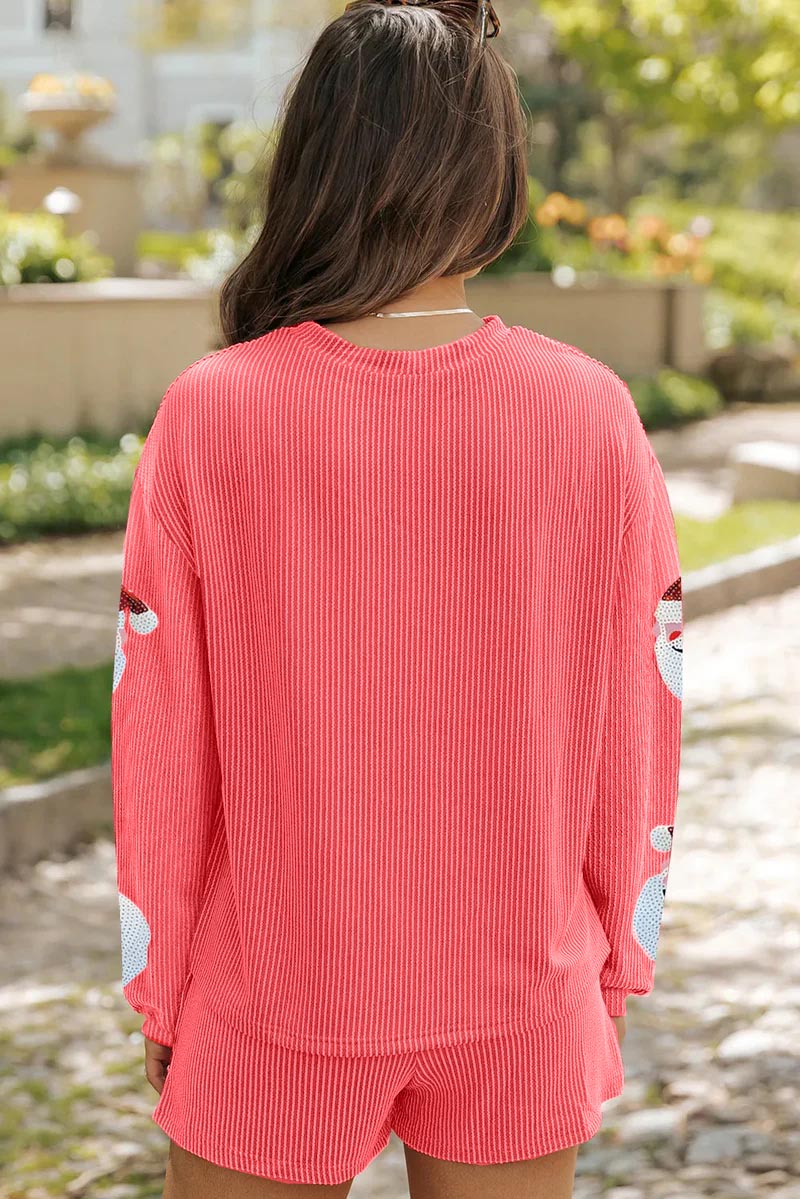 Women's Christmas Sequin Patched Long Sleeve Top and Shorts Ribbed Set