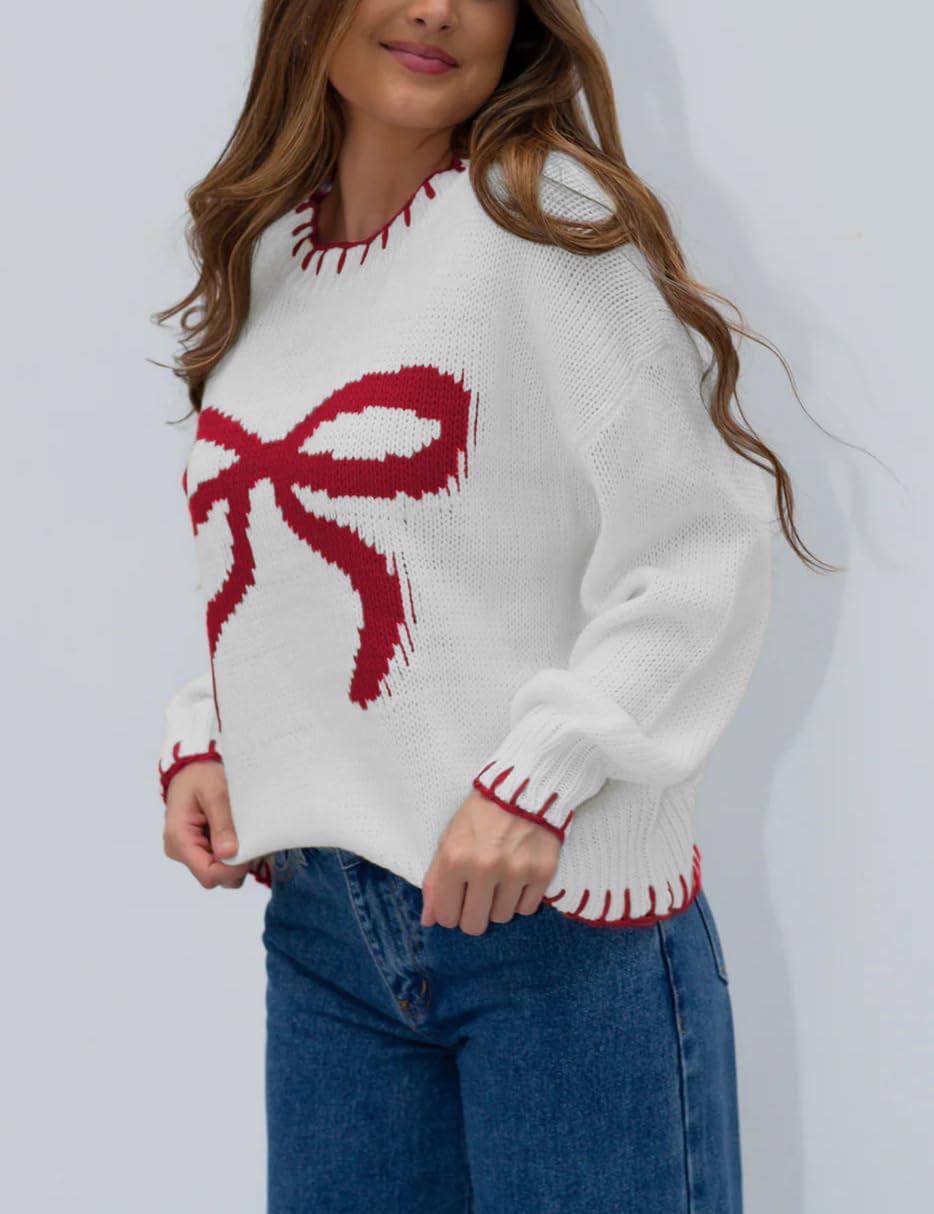 Bow Crew Neck Knitted Sweater Pullover (Buy 2 Free Shipping)
