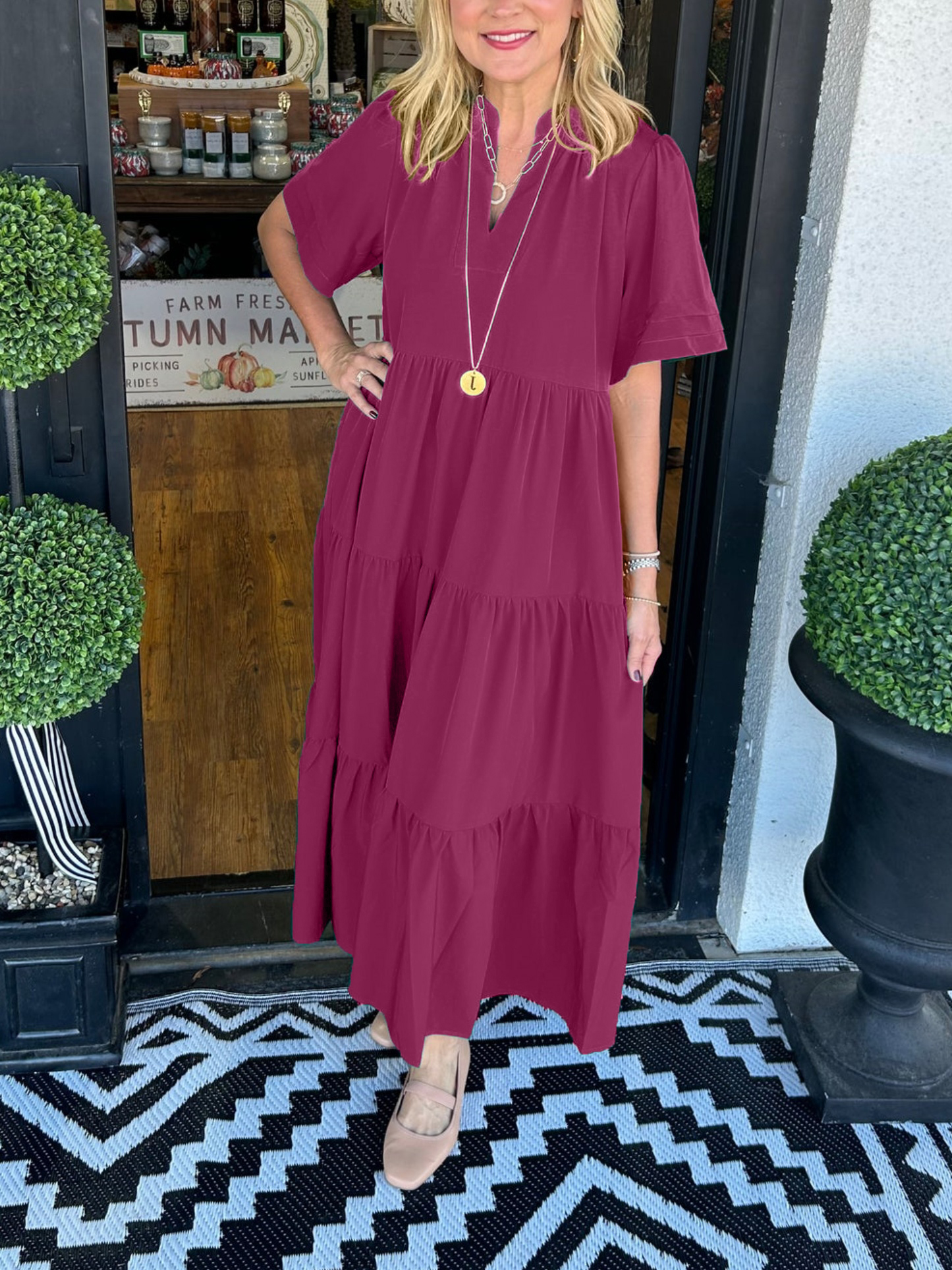 V-Neck Tiered Midi Dress with Pockets (Buy 2 Free Shipping)