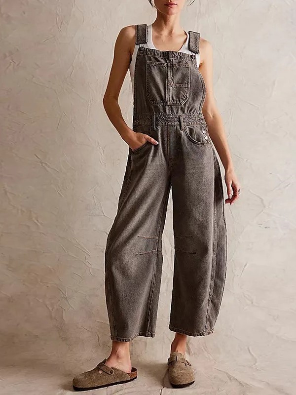 HOT SALE Women's Denim Bib Overalls Barrel Leg Adjustable Strap