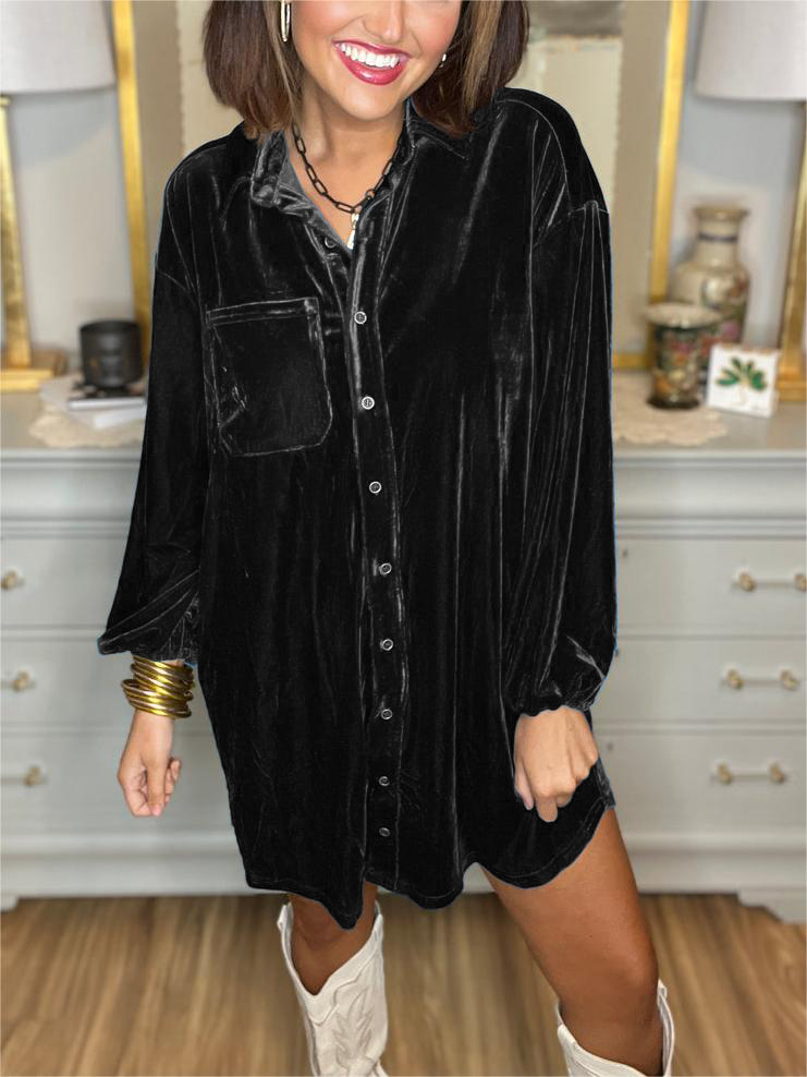 Velvet Button Down Shirt Dress (Buy 2 Free Shipping)-boocean.com