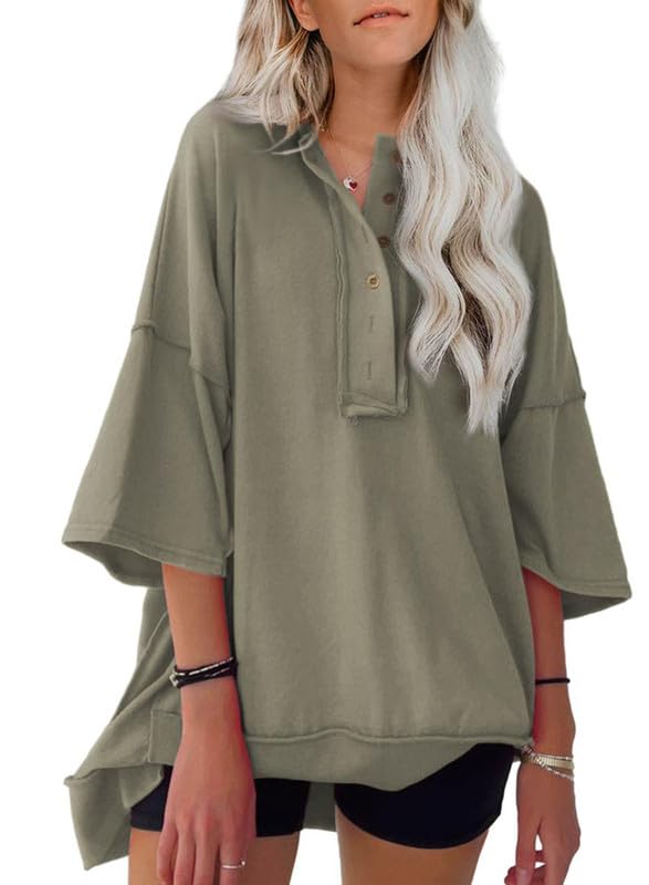 NEW🔥 Women's  Oversized T Shirts Casual Short Sleeve Henley Neck Tees(BUY 2 FREE SHIPPING)