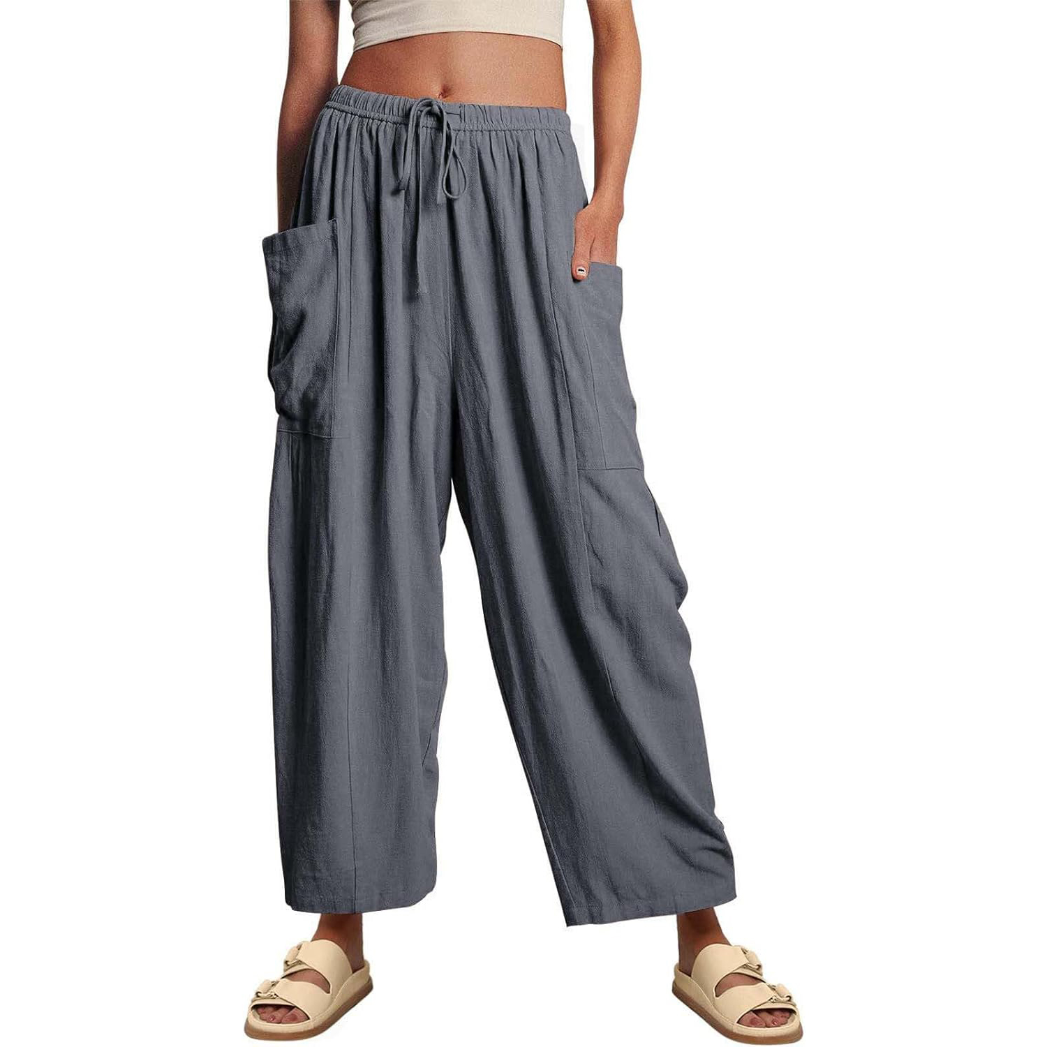 Womens Linen Drawstring Palazzo Harem Pants with Pockets (BUY 2 FREE SHIPPING)