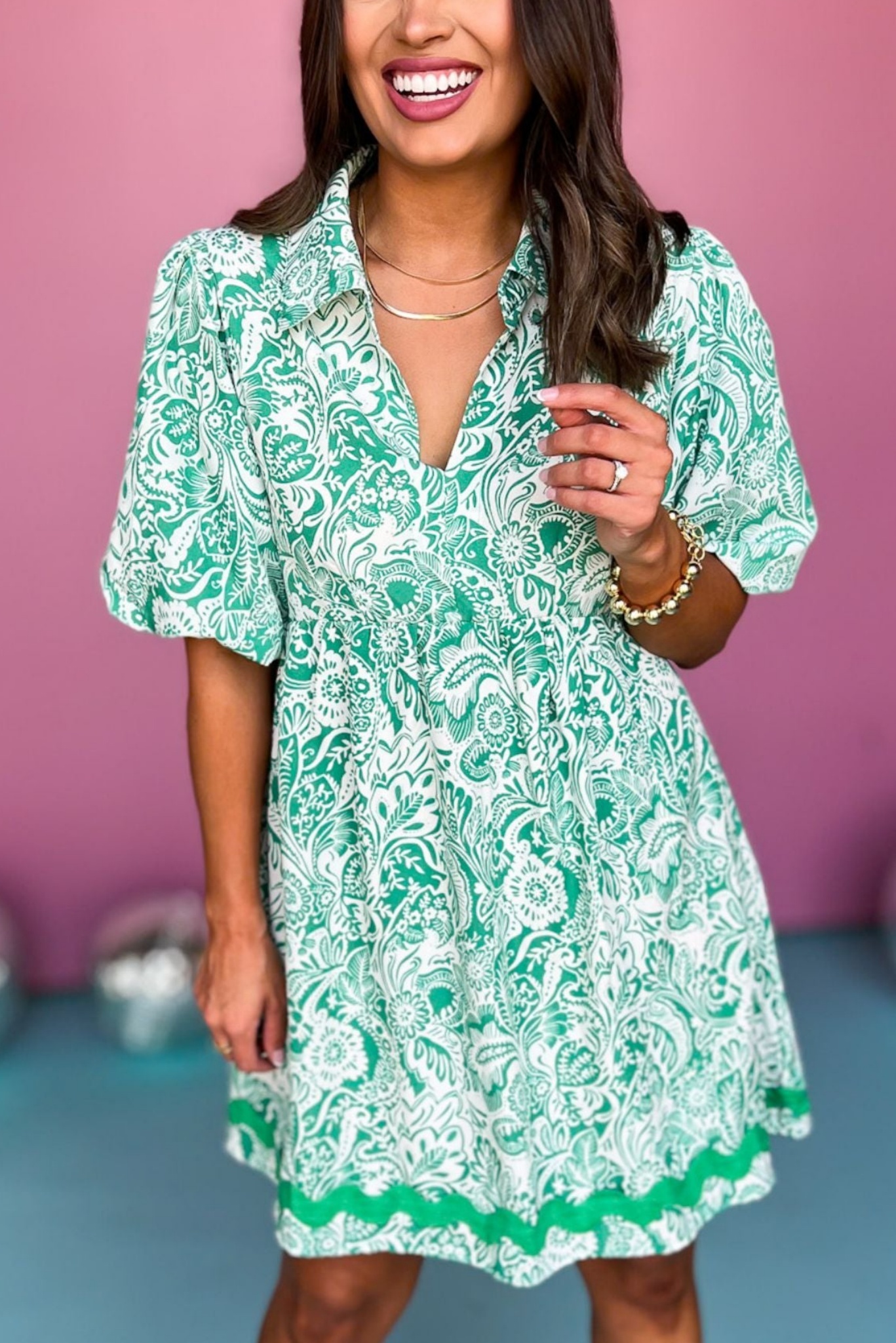 🌈Paisley Printed Two Tone Ric Rac Bubble Short Sleeve Dress