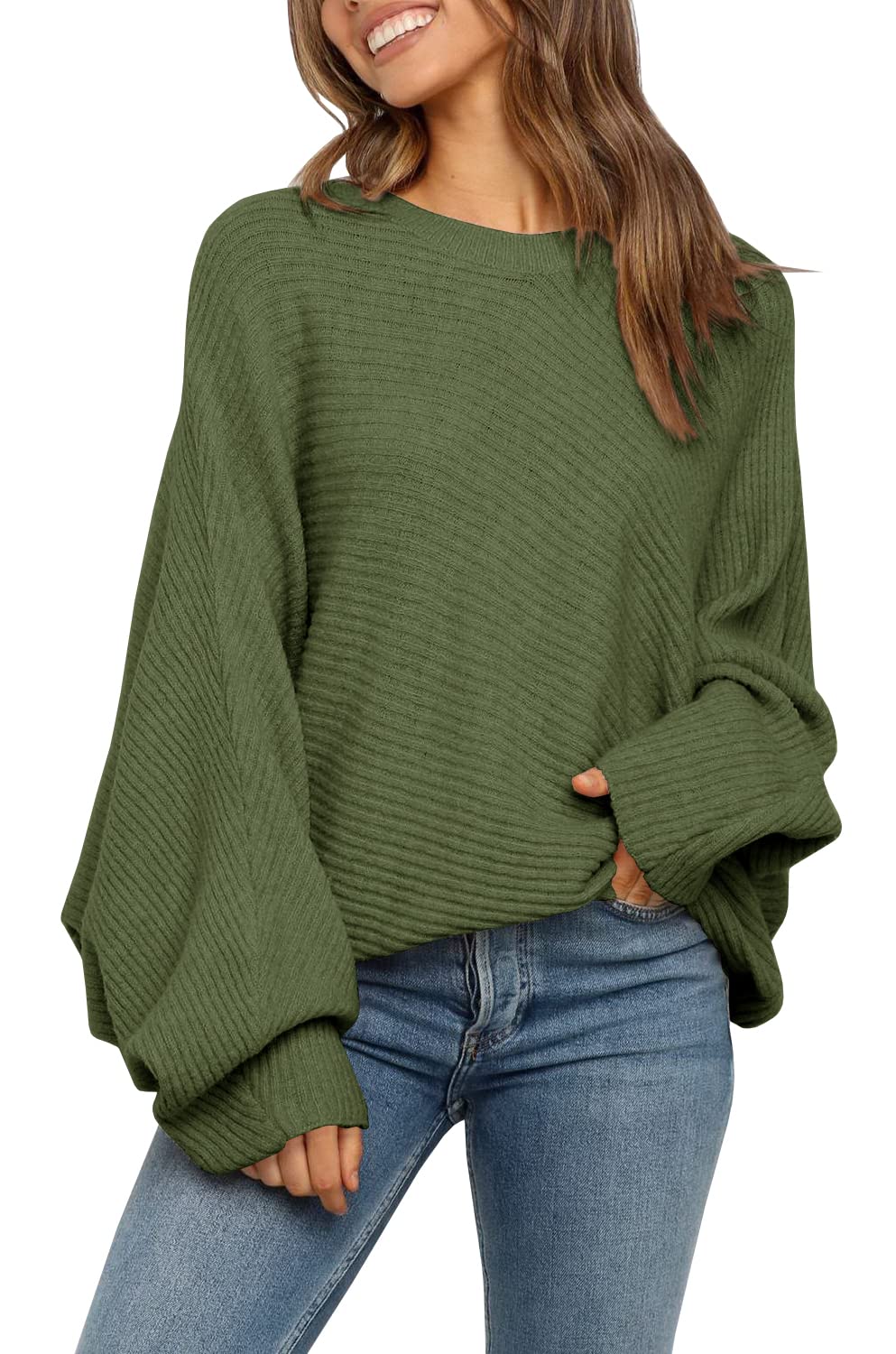 Women's Oversized Crewneck Batwing Puff Sleeve Cable Pullover Sweater