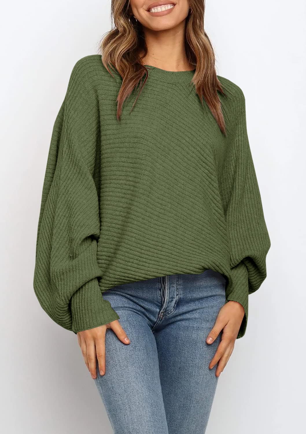 Women's Oversized Crewneck Batwing Puff Sleeve Cable Pullover Sweater