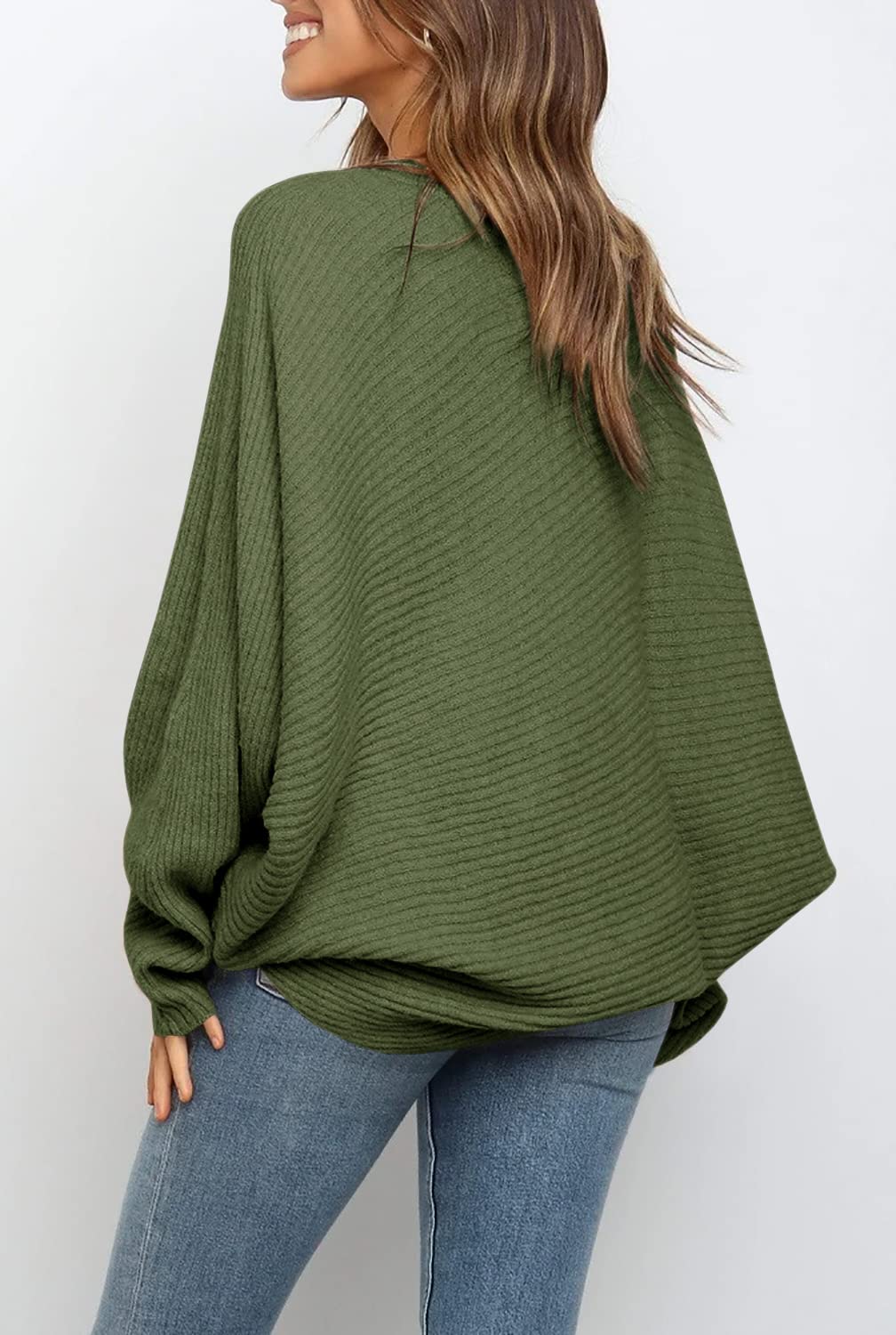 Women's Oversized Crewneck Batwing Puff Sleeve Cable Pullover Sweater