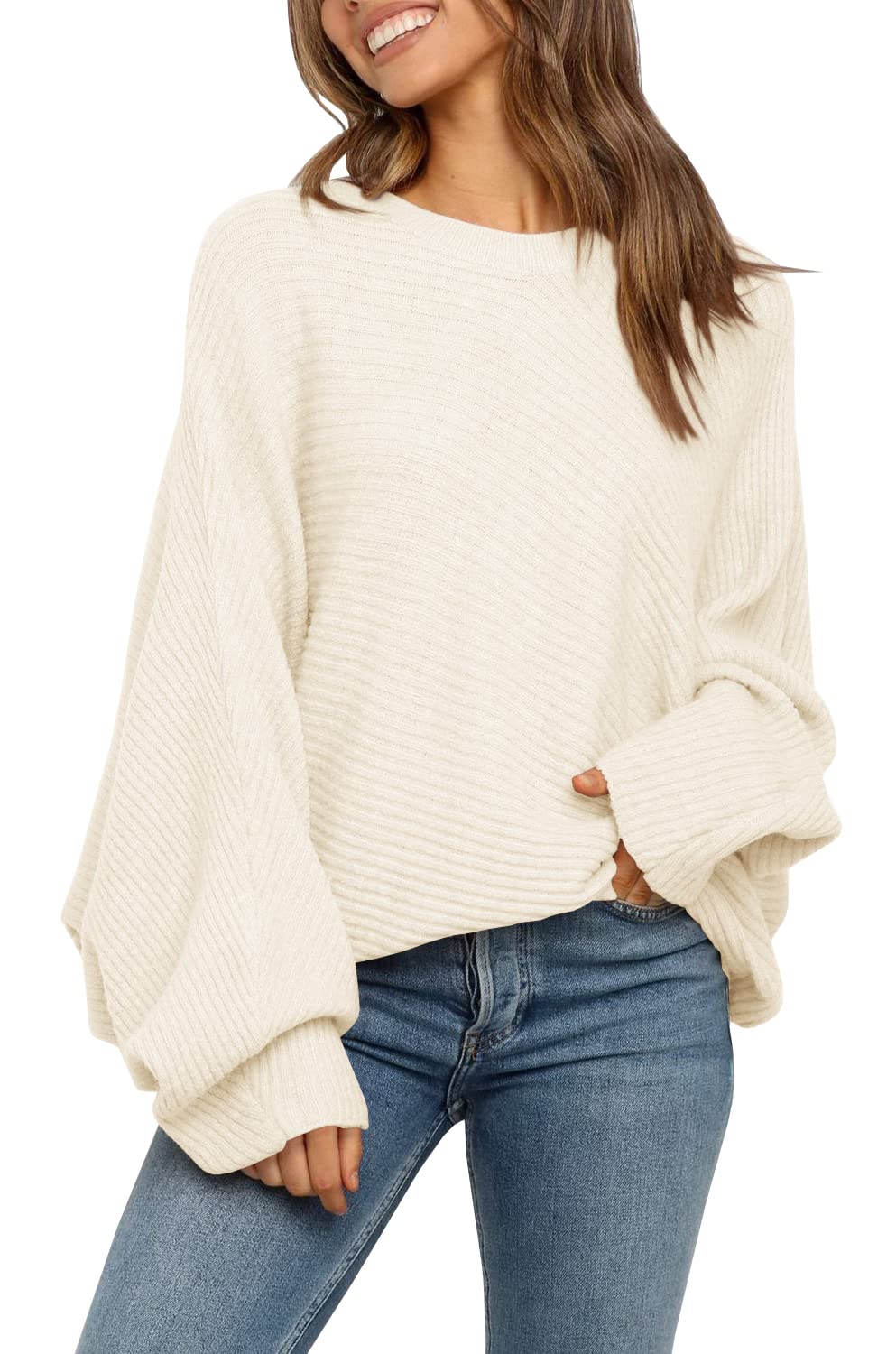 Women's Oversized Crewneck Batwing Puff Sleeve Cable Pullover Sweater