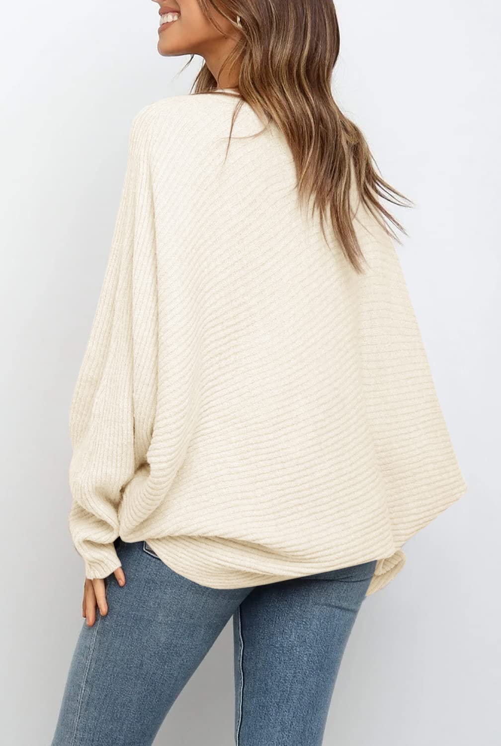 Women's Oversized Crewneck Batwing Puff Sleeve Cable Pullover Sweater