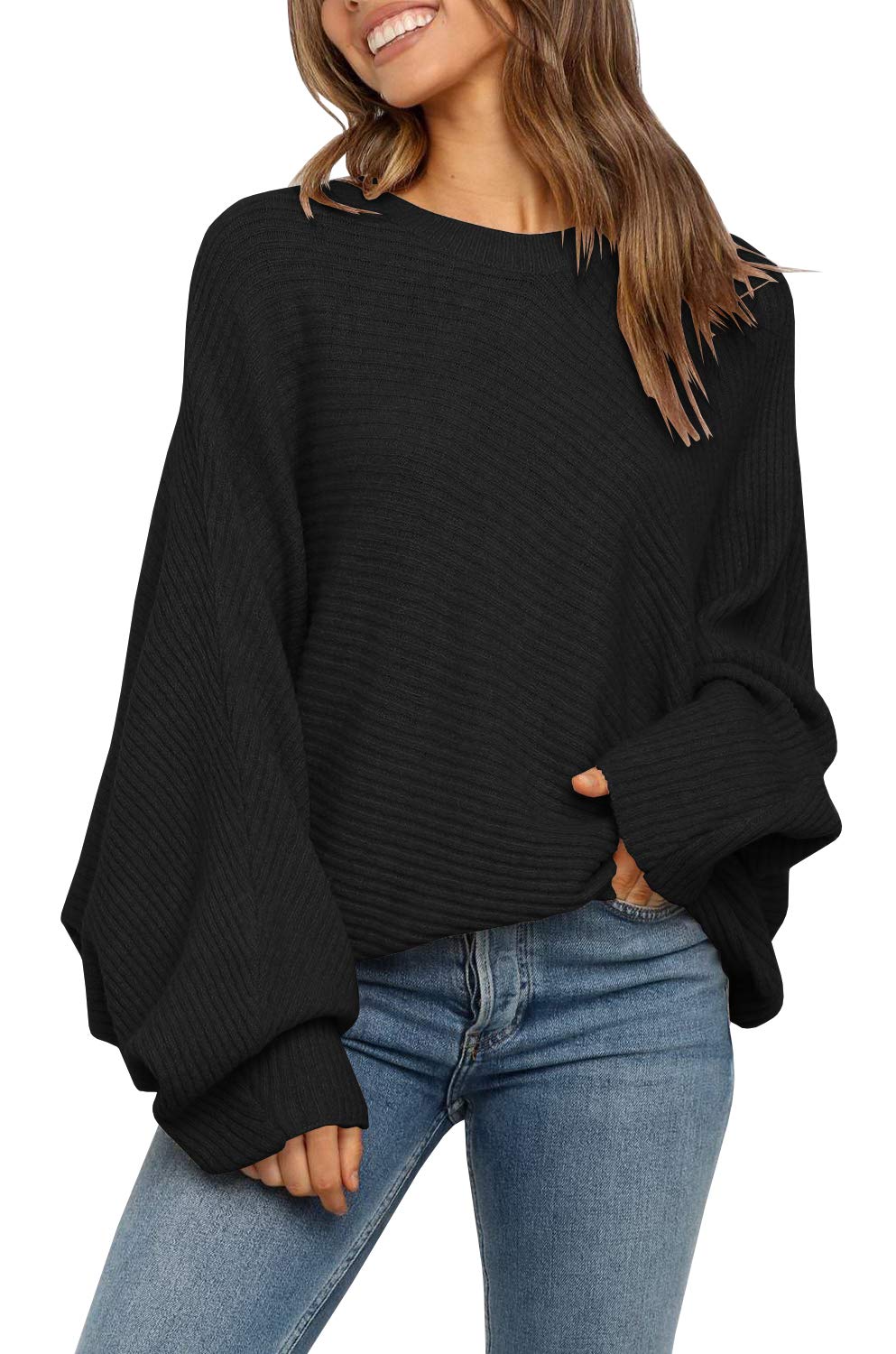 Women's Oversized Crewneck Batwing Puff Sleeve Cable Pullover Sweater