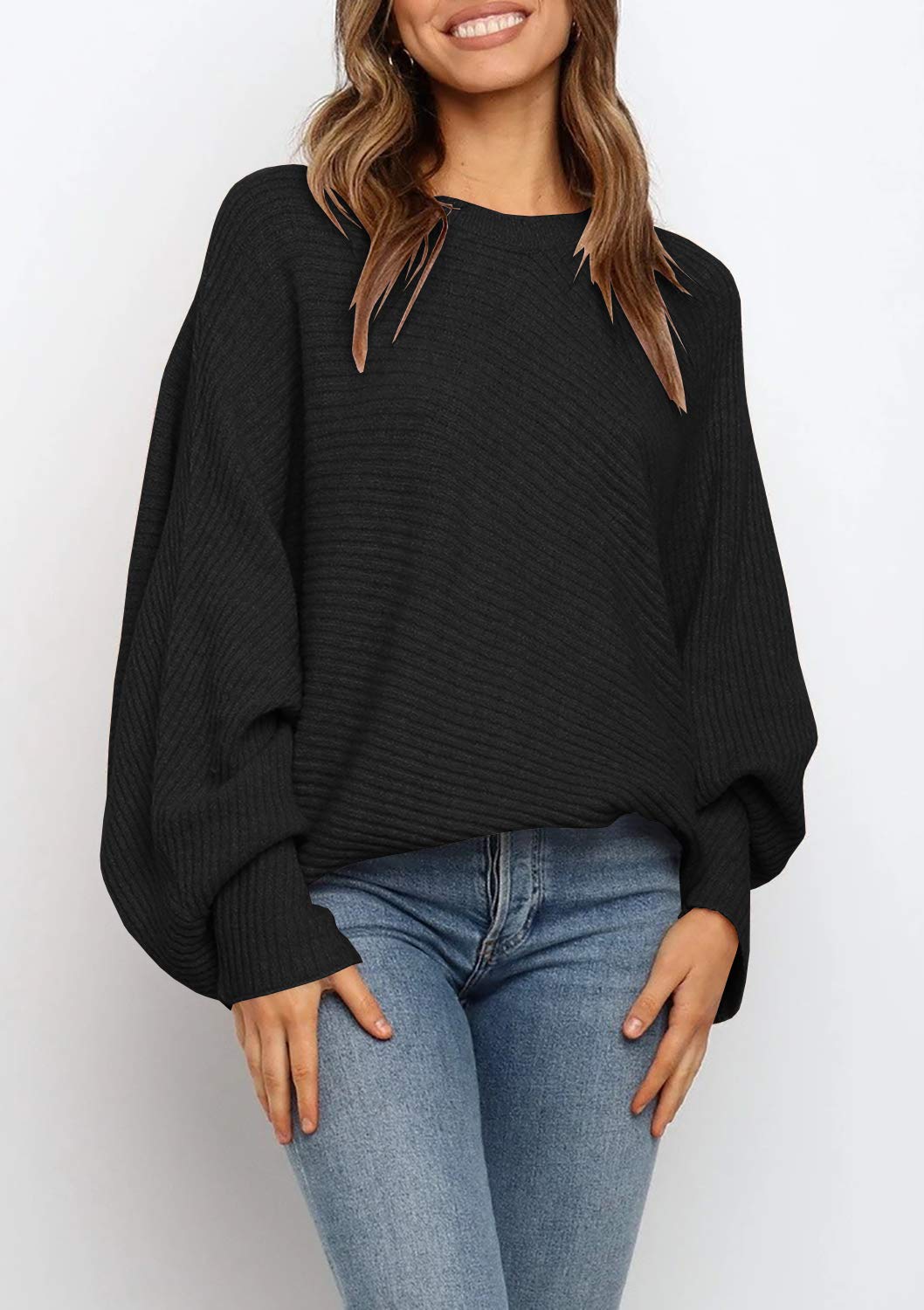Women's Oversized Crewneck Batwing Puff Sleeve Cable Pullover Sweater