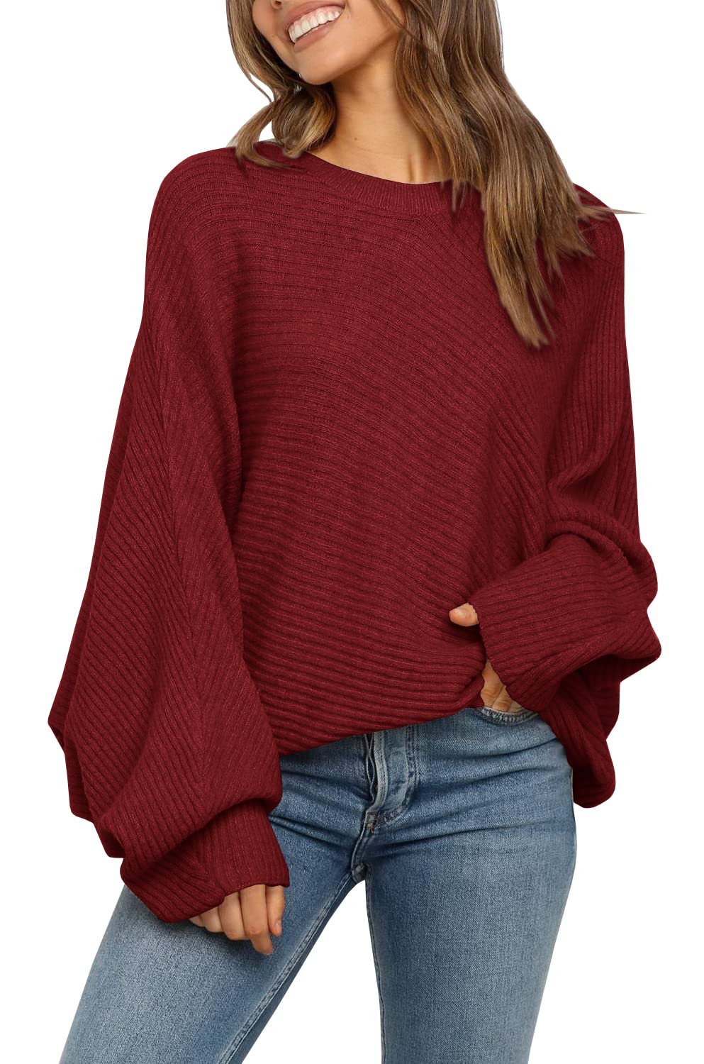 Women's Oversized Crewneck Batwing Puff Sleeve Cable Pullover Sweater