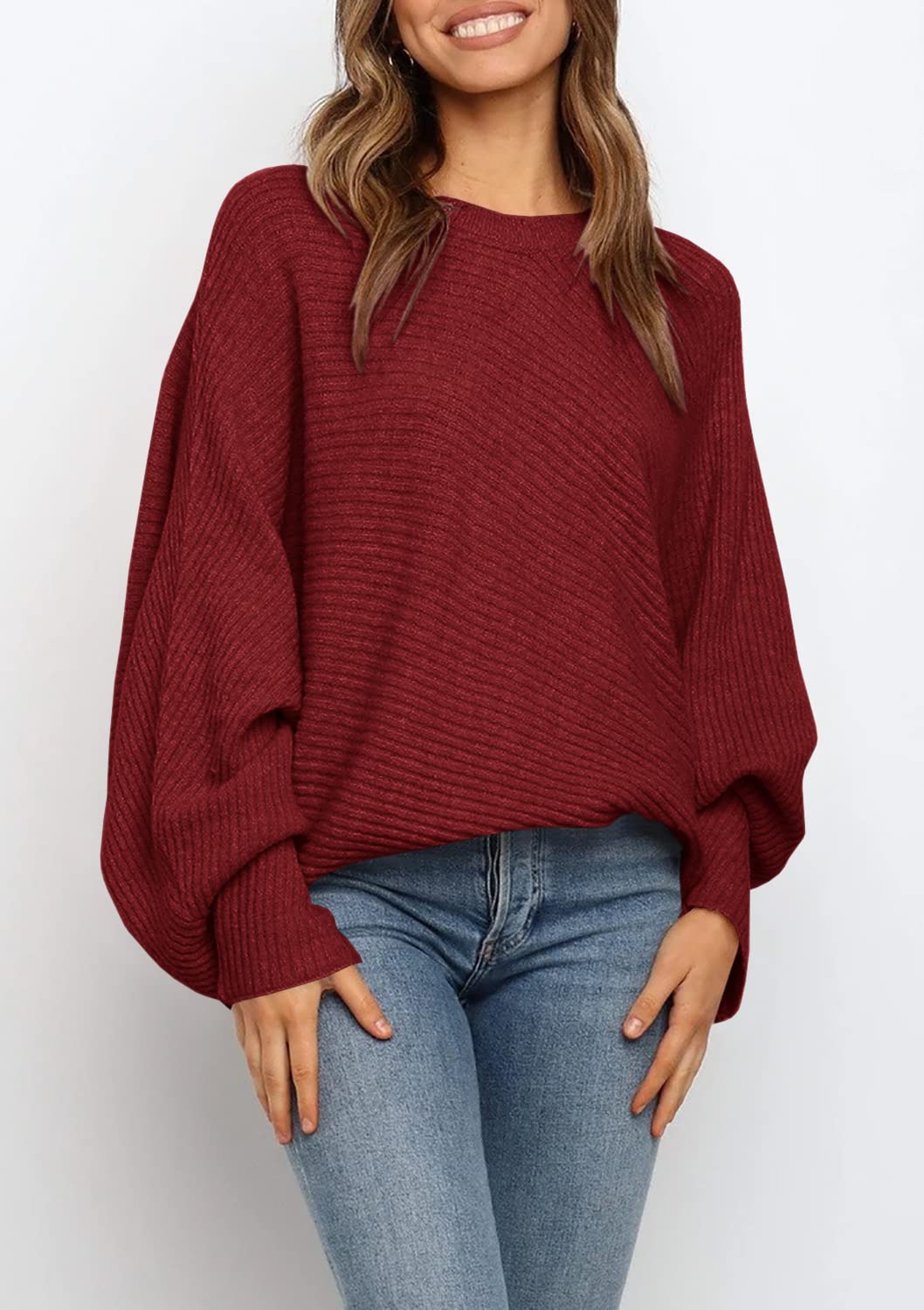 Women's Oversized Crewneck Batwing Puff Sleeve Cable Pullover Sweater