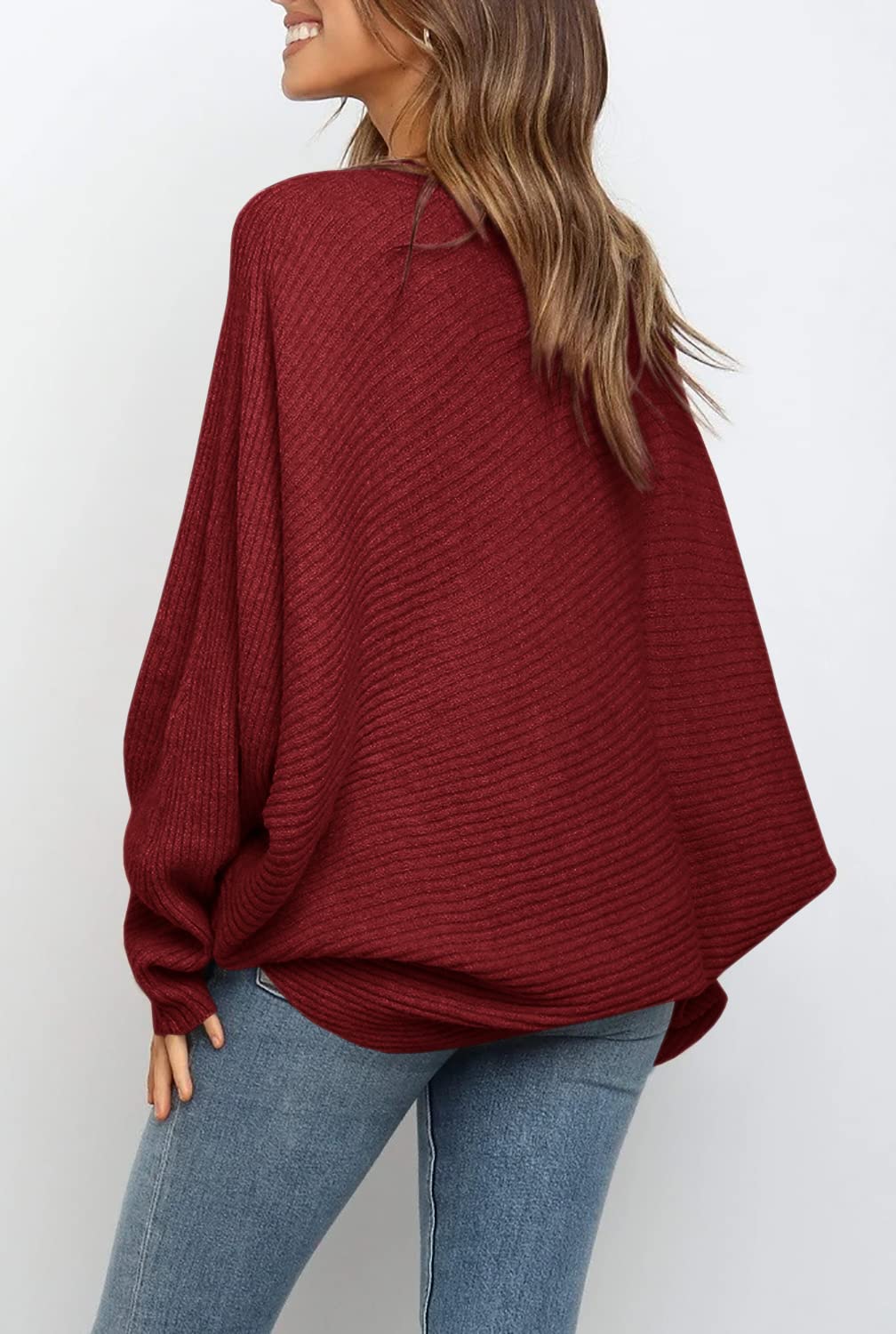 Women's Oversized Crewneck Batwing Puff Sleeve Cable Pullover Sweater
