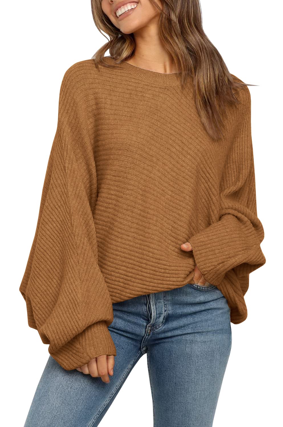 Women's Oversized Crewneck Batwing Puff Sleeve Cable Pullover Sweater
