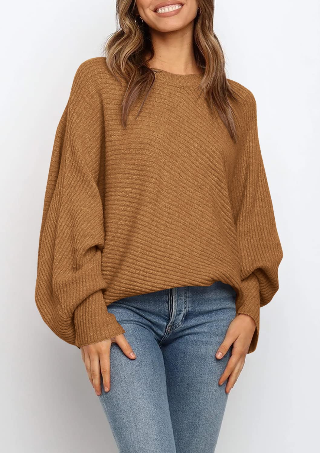 Women's Oversized Crewneck Batwing Puff Sleeve Cable Pullover Sweater
