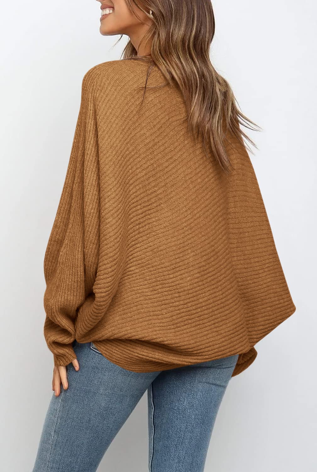 Women's Oversized Crewneck Batwing Puff Sleeve Cable Pullover Sweater