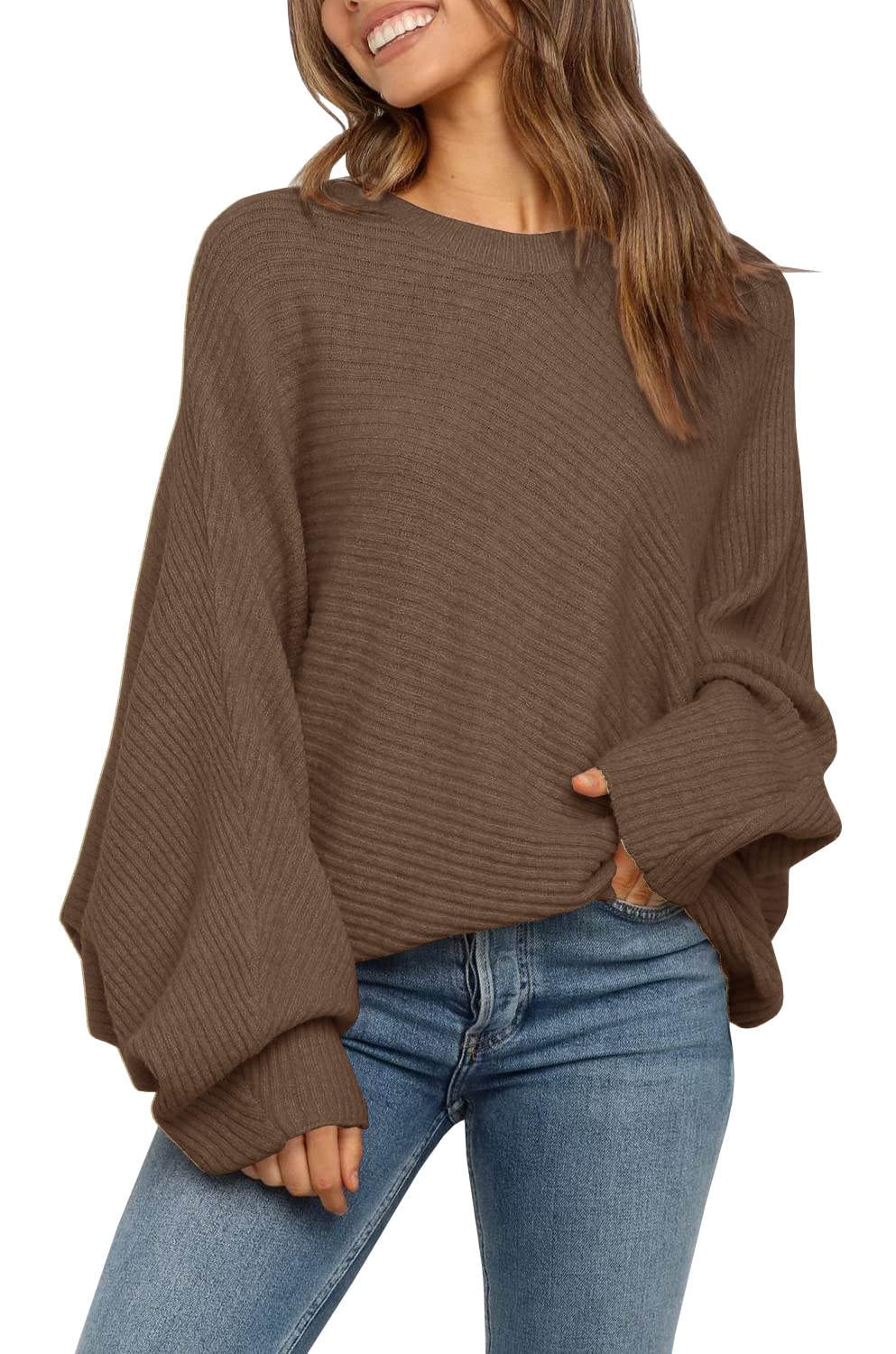 Women's Oversized Crewneck Batwing Puff Sleeve Cable Pullover Sweater