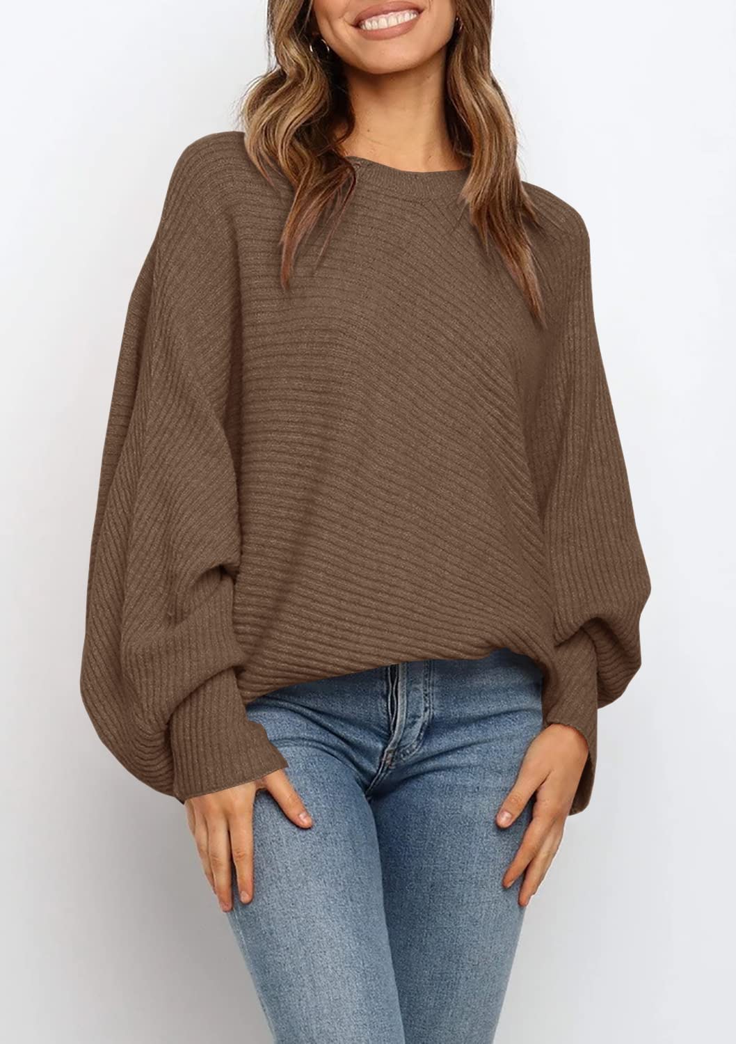 Women's Oversized Crewneck Batwing Puff Sleeve Cable Pullover Sweater