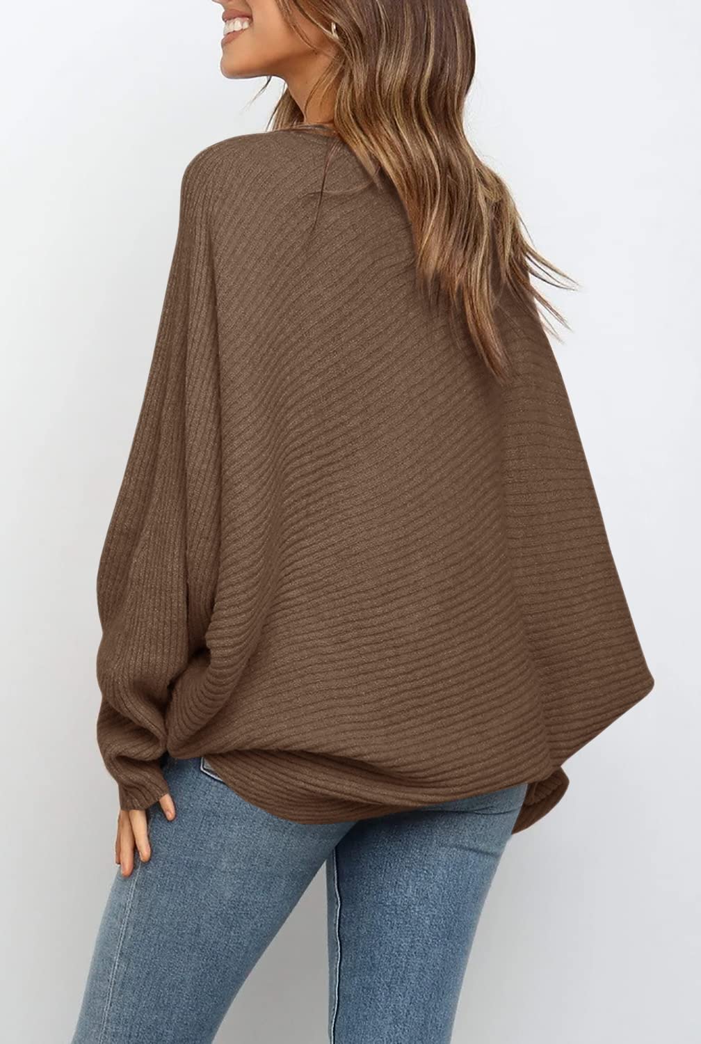 Women's Oversized Crewneck Batwing Puff Sleeve Cable Pullover Sweater