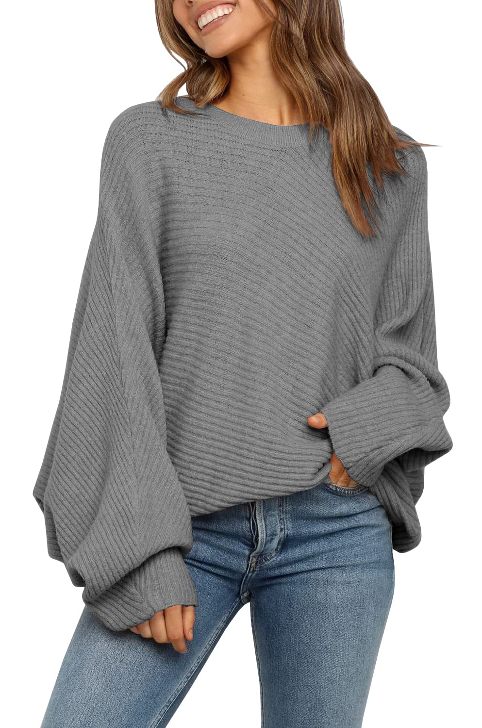 Women's Oversized Crewneck Batwing Puff Sleeve Cable Pullover Sweater