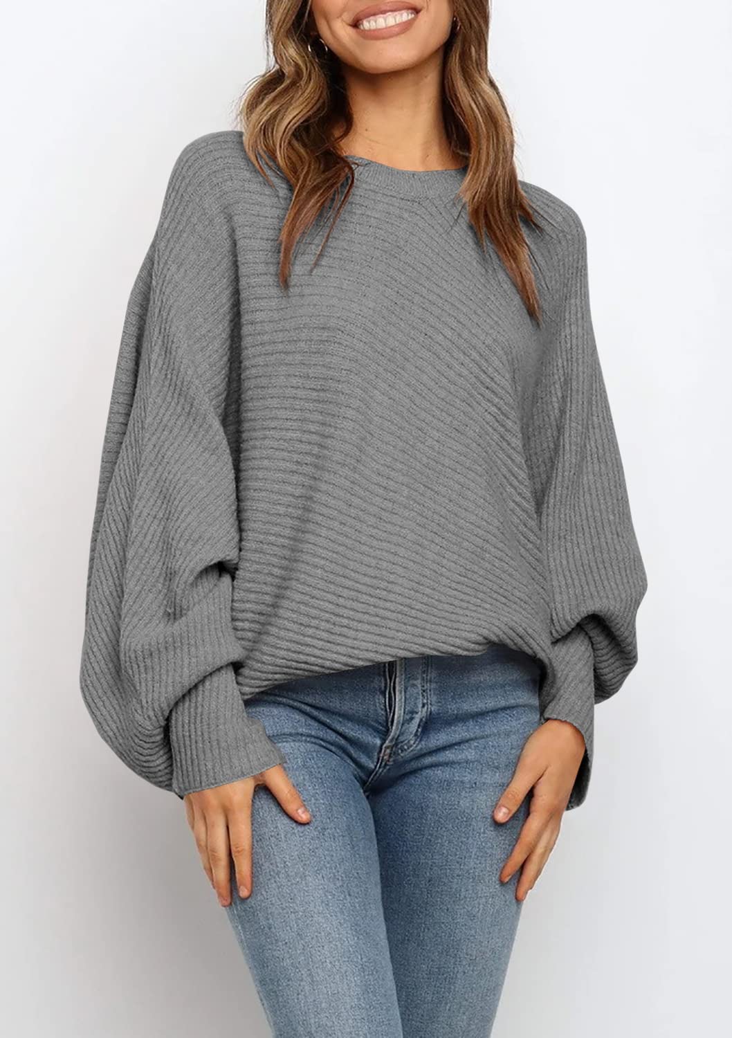 Women's Oversized Crewneck Batwing Puff Sleeve Cable Pullover Sweater