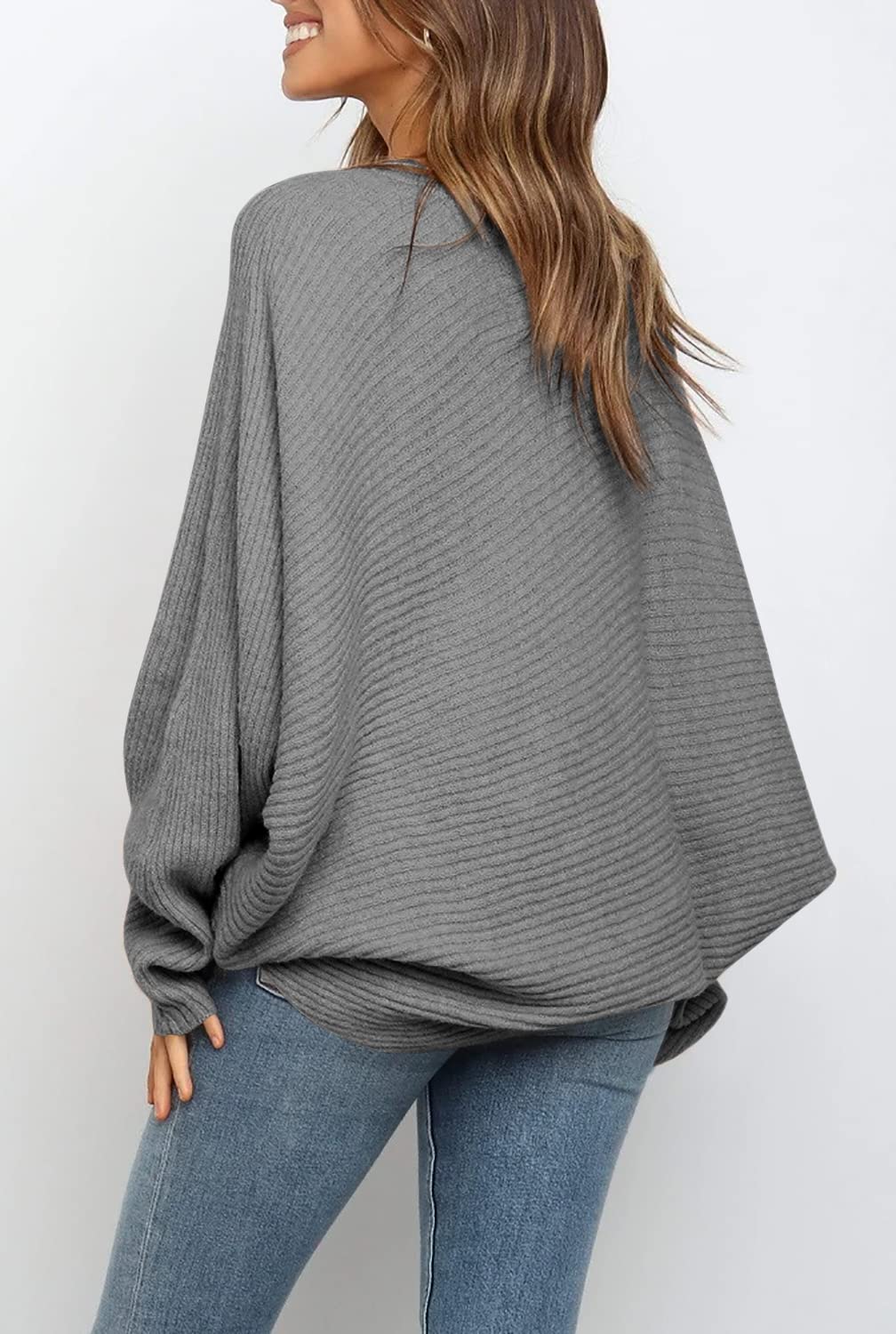 Women's Oversized Crewneck Batwing Puff Sleeve Cable Pullover Sweater