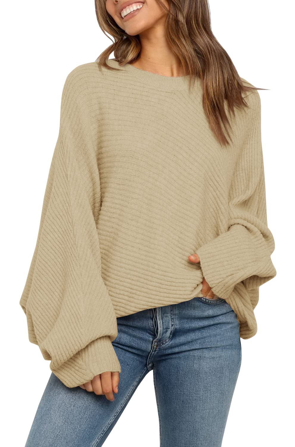 Women's Oversized Crewneck Batwing Puff Sleeve Cable Pullover Sweater