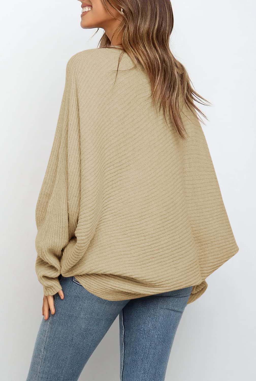 Women's Oversized Crewneck Batwing Puff Sleeve Cable Pullover Sweater