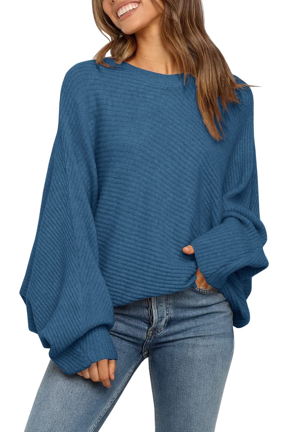 Women's Oversized Crewneck Batwing Puff Sleeve Cable Pullover Sweater