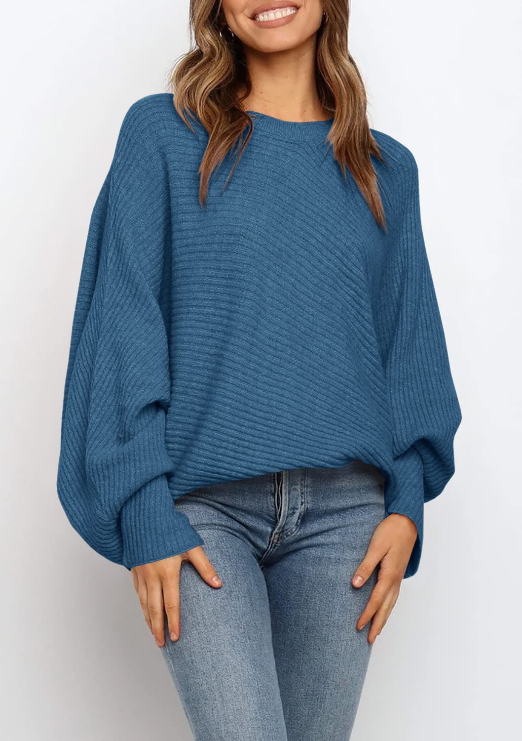 Women's Oversized Crewneck Batwing Puff Sleeve Cable Pullover Sweater