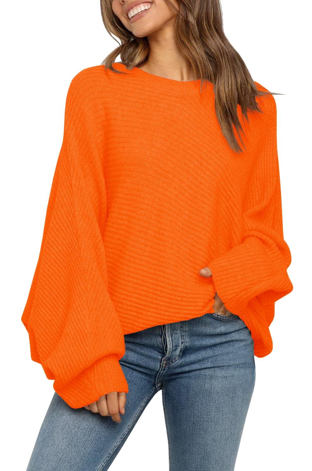 Women's Oversized Crewneck Batwing Puff Sleeve Cable Pullover Sweater