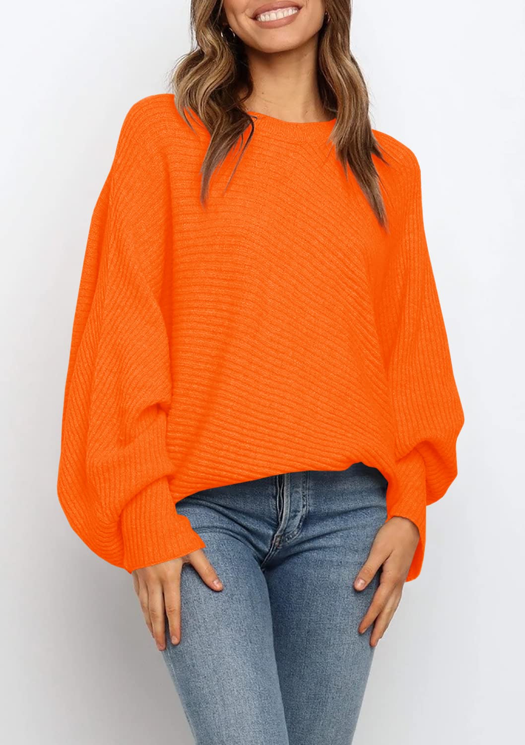 Women's Oversized Crewneck Batwing Puff Sleeve Cable Pullover Sweater