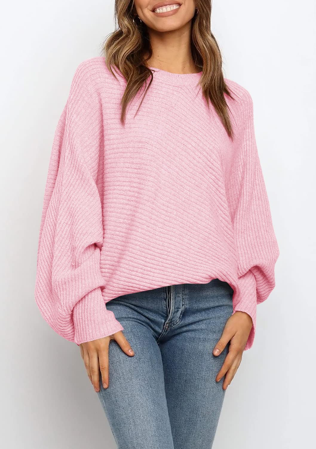 Women's Oversized Crewneck Batwing Puff Sleeve Cable Pullover Sweater