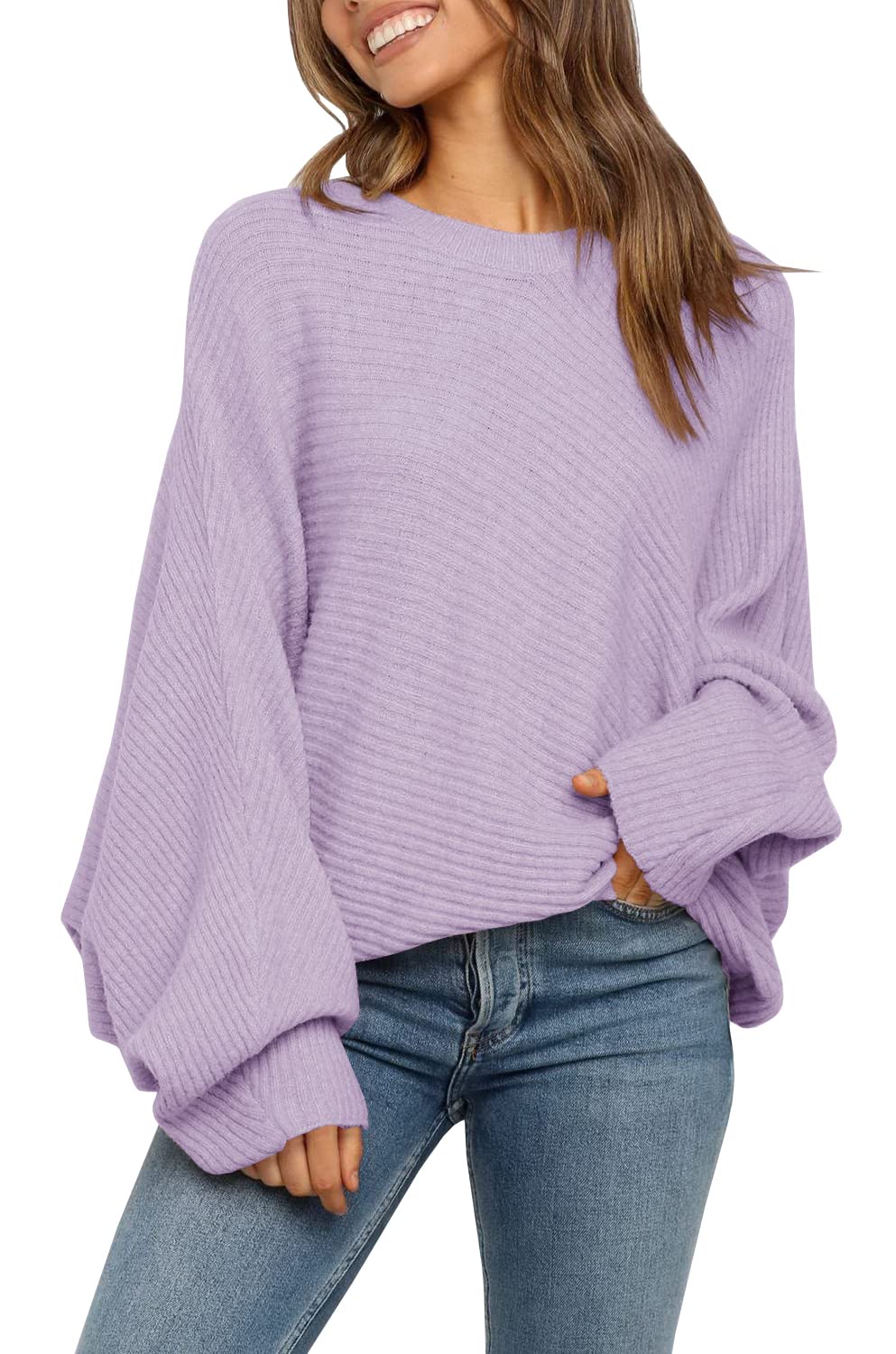 Women's Oversized Crewneck Batwing Puff Sleeve Cable Pullover Sweater