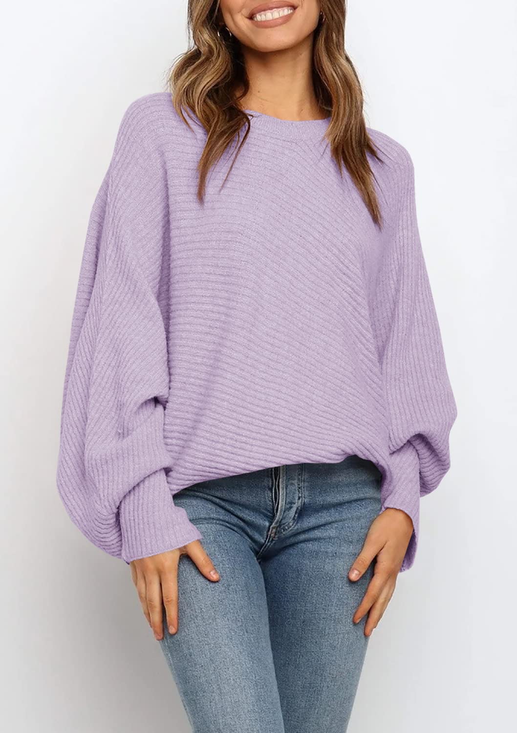 Women's Oversized Crewneck Batwing Puff Sleeve Cable Pullover Sweater