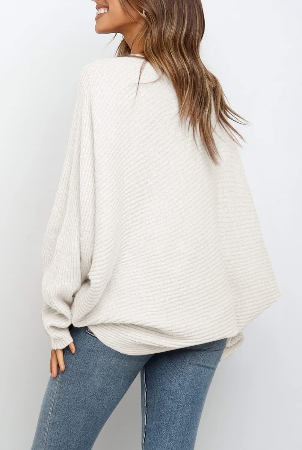 Women's Oversized Crewneck Batwing Puff Sleeve Cable Pullover Sweater