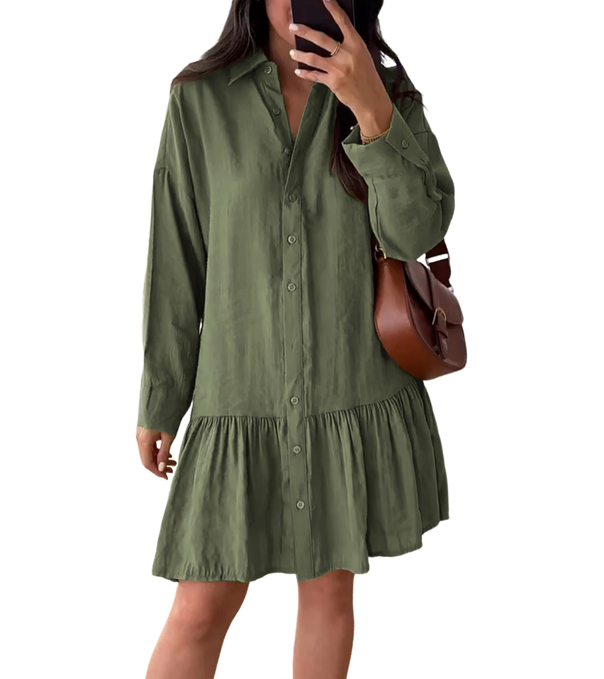 Women's Loose Lapel Collar Long Sleeves Button Down Shirt Dress