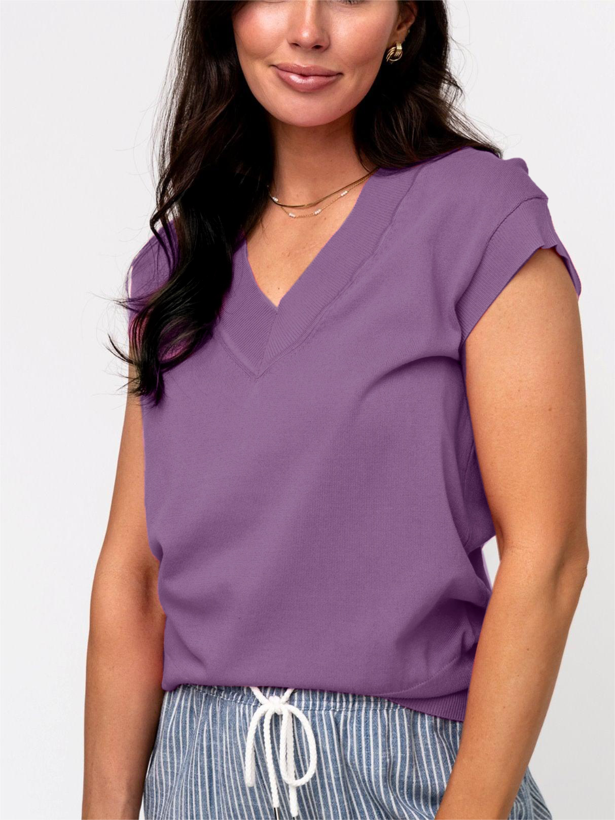 Womens  V Neck Cap Sleeve Basic Tops 💥Buy 3 Free Shipping