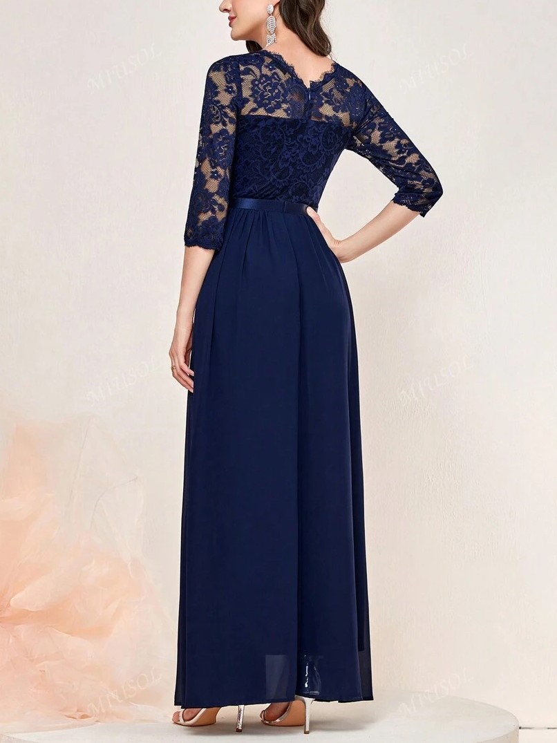 Floral Lace 3/4 Sleeve Bodice Ribbon Pleated Party Maxi Dress