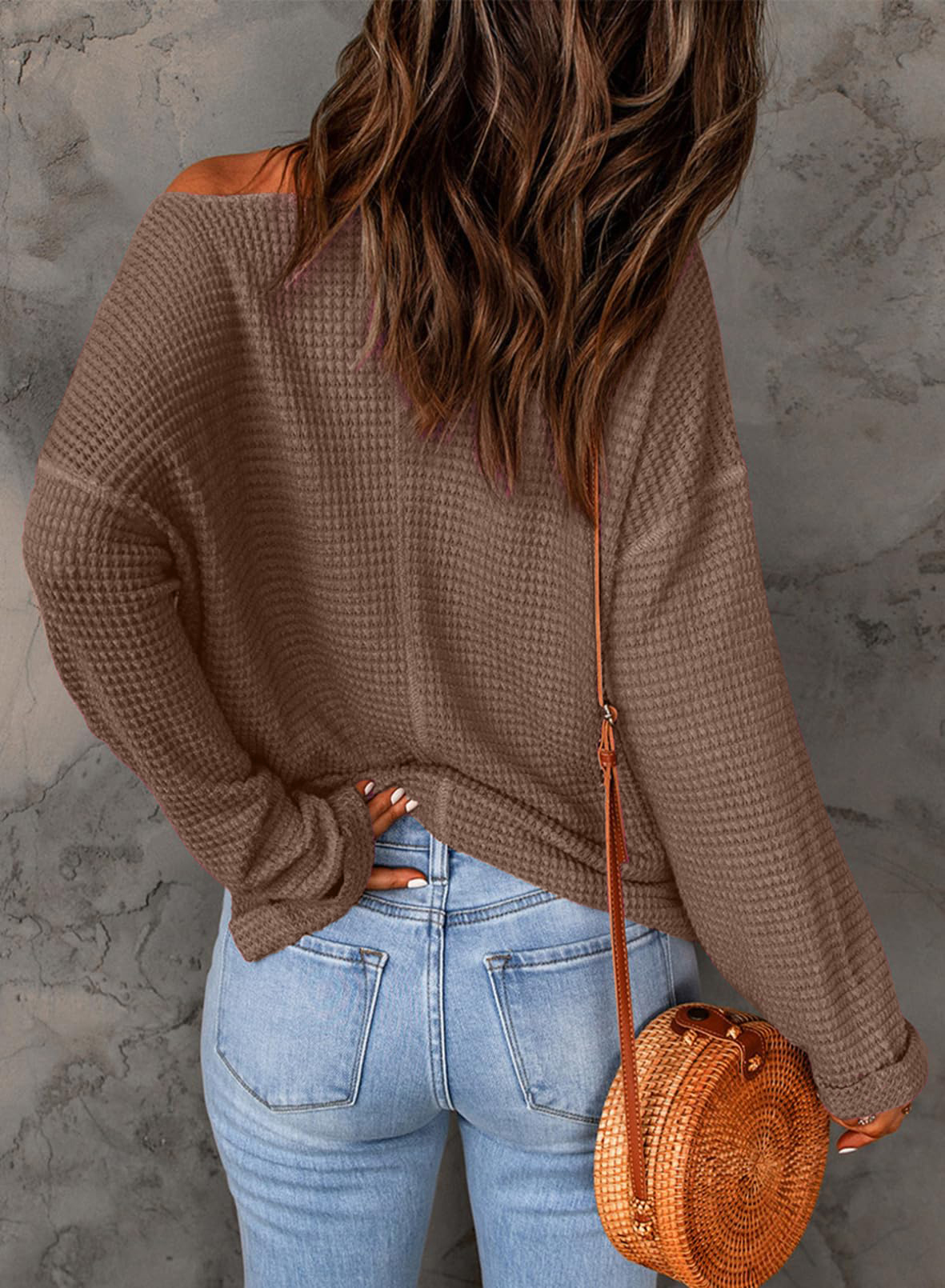 Casual Notched Neck Drop Shoulder Waffle Knit Top