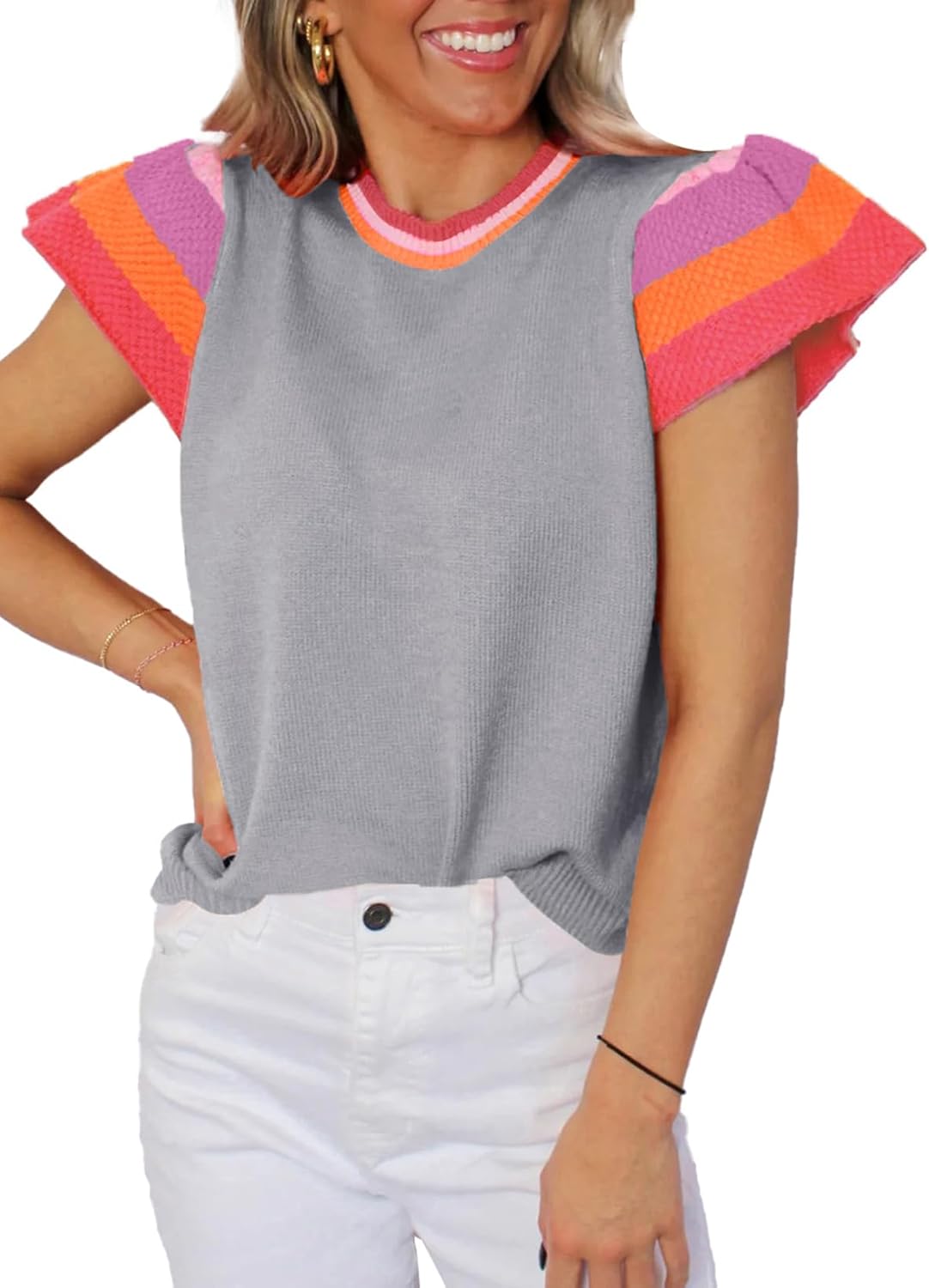 Women’s Casual Knit Pullover with Colorful Cap Sleeves(buy 2 free shipping!!!)