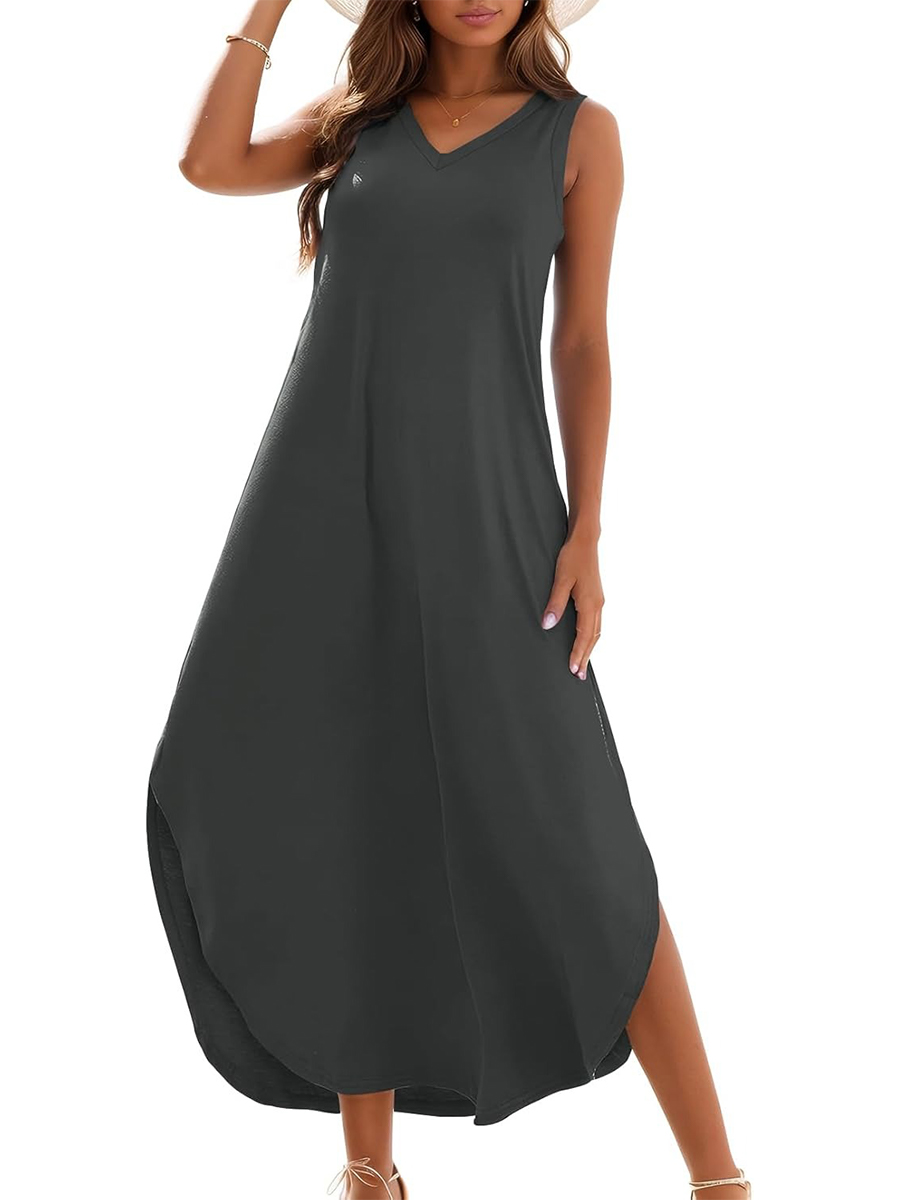 Women's Summer Casual Loose Sleeveless V Neck Split Tank Long Dress with Pockets