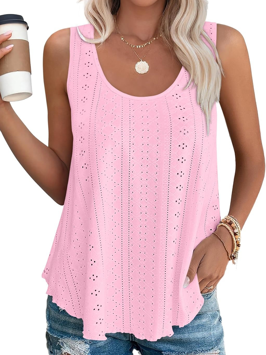 Women's Casual Loose Scoop Neck Wide Strap Eyelet Tank Tops