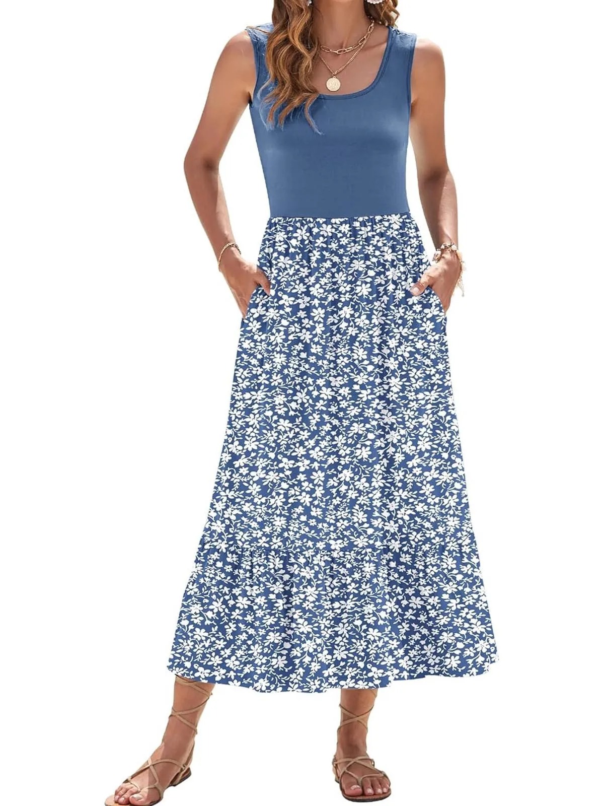 HOT SALE Women's Printed Casual Sleeveless Square Neck Printed Multi-Layer Pocket Dress