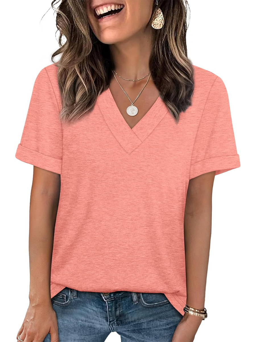 Women's Summer V Neck Short Sleeve Basic Casual T-shirt