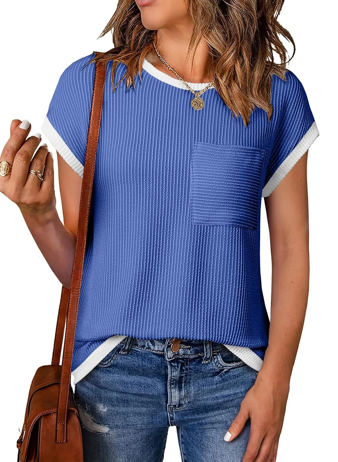 HOT SALE Women's Short Sleeve T Shirts Crewneck Color Block Ribbed Knit Tee