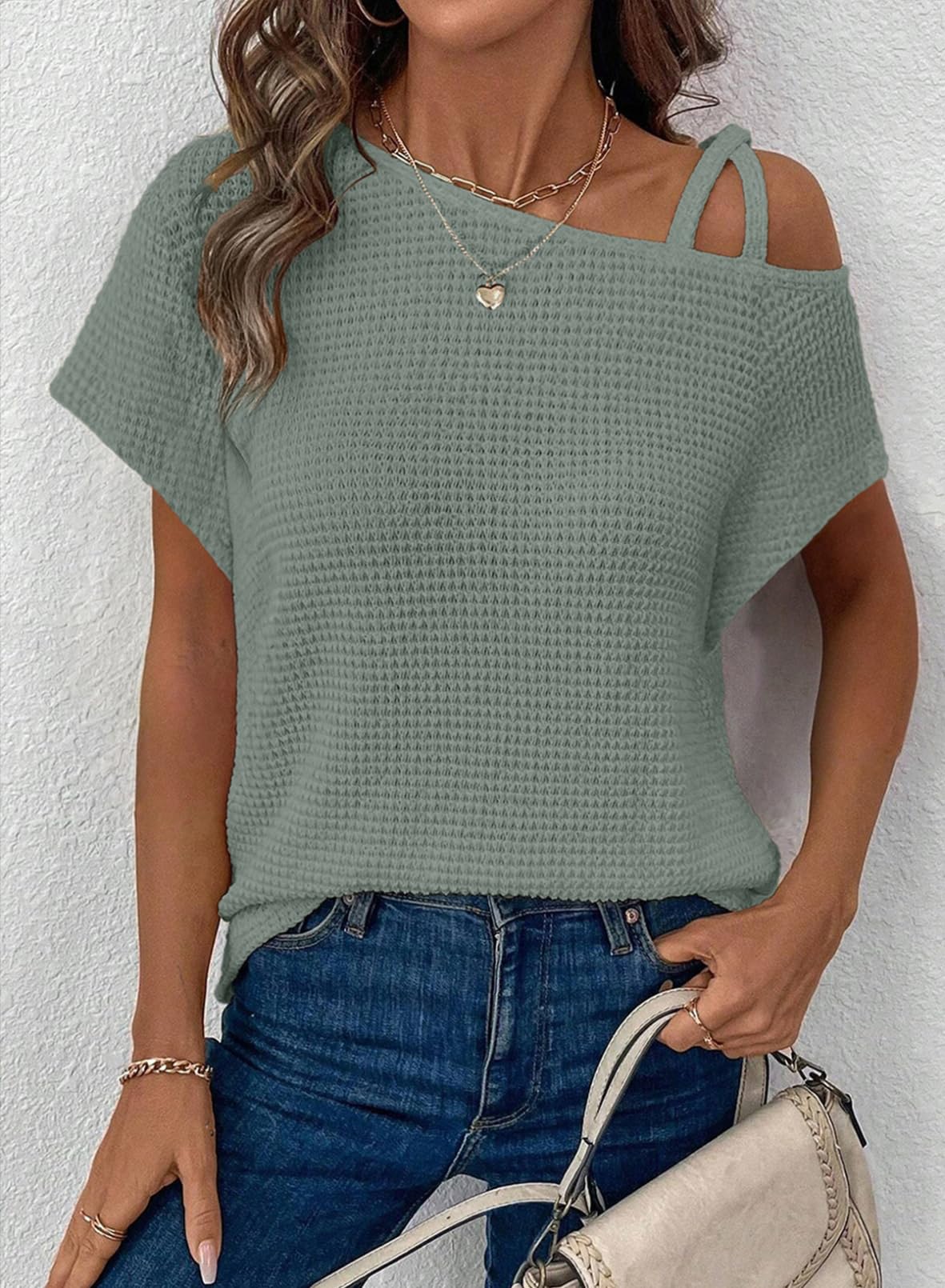Women's Summer Off-Shoulder Waffle Knit Short Sleeve Top (Buy 2 Free Shipping!!!)