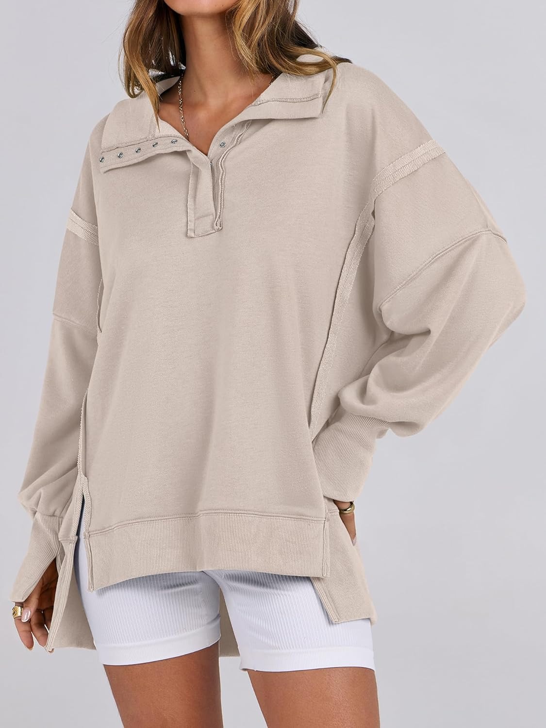 ⏰Hot Sale-Women's Oversized High Low Split Button Up Henley Pullover Top