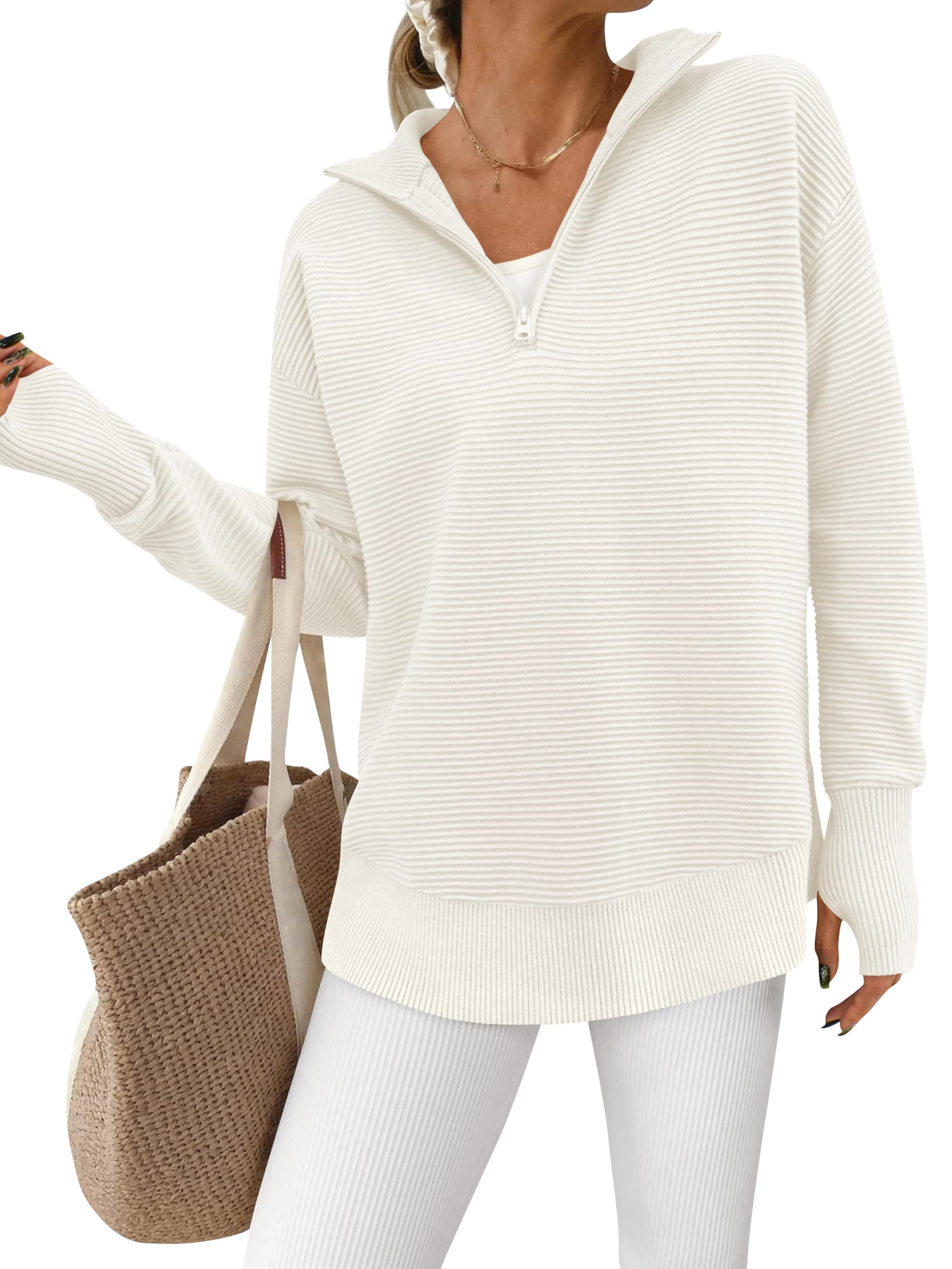 Women's Long Sleeve Quarter Zip Pullover Ribbed Knit Sweater